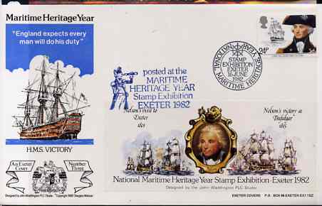Great Britain 1982 illustrated cover for National Maritime Stamp Exhibition bearing 24p Nelson stamp with special Battle of Trafalgar exhibition label with cachet, stamps on ships, stamps on nelson, stamps on battles, stamps on stamp exhibitions