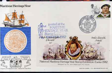 Great Britain 1982 illustrated cover for National Maritime Stamp Exhibition bearing 15.5p Mary Rose stamp with special 'Drake & Armada' exhibition label with cachet, stamps on ships, stamps on drake, stamps on medals, stamps on stamp exhibitions, stamps on bowls