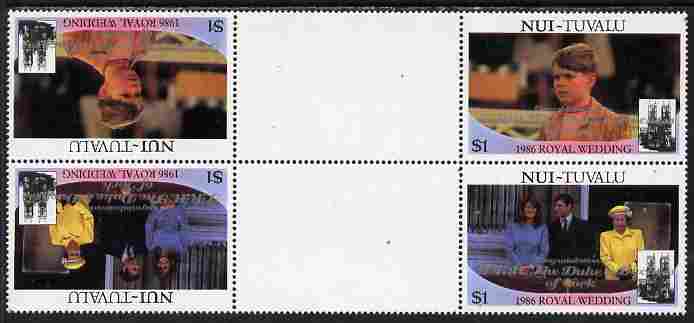 Tuvalu - Nui 1986 Royal Wedding (Andrew & Fergie) $1 with Congratulations opt in silver in unissued perf tete-beche inter-paneau block of 4 (2 se-tenant pairs) unmounted ..., stamps on royalty, stamps on andrew, stamps on fergie, stamps on 