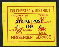 Cinderella - Great Britain 1996 Colchester & District Messenger Service imperf label (red on yellow) showing Football, Tennis, Cricket & Bicycle opt'd Strike Post Â£1 1996  unmounted mint, stamps on postal, stamps on football, stamps on tennis, stamps on cricket, stamps on bicycles, stamps on sport, stamps on strike