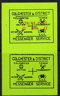 Cinderella - Great Britain 1996 Colchester & District Messenger Service imperf label (black on green) showing Football, Tennis, Cricket & Bicycle opt'd Strike Post \A32 1996, se-tenant pair, one without opt unmounted mint, stamps on postal, stamps on football, stamps on tennis, stamps on cricket, stamps on bicycles, stamps on sport, stamps on strike