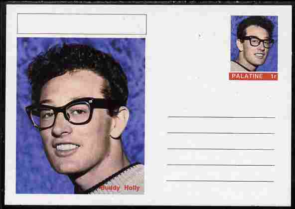 Palatine (Fantasy) Personalities - Buddy Holly postal stationery card unused and fine, stamps on personalities, stamps on music, stamps on films, stamps on cinema, stamps on movies, stamps on pops, stamps on rock