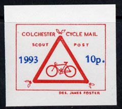 Cinderella - Great Britain 1993 Colchester Cycle Mail Scout Post 10p imperf label on ungummed paper in red & blue*, stamps on , stamps on  stamps on postal, stamps on  stamps on bicycles, stamps on  stamps on scouts