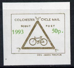 Cinderella - Great Britain 1993 Colchester Cycle Mail Scout Post 50p imperf label on ungummed paper in gold & green*, stamps on postal, stamps on bicycles, stamps on scouts