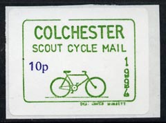Cinderella - Great Britain 1994 Colchester Cycle Mail Scout Post 10p self-adhesive label in green & blue (tete-beche pairs price x 2), stamps on postal, stamps on bicycles, stamps on scouts, stamps on self adhesive