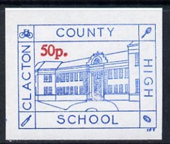Cinderella - Great Britain 1989 Clacton County High School Private Post imperf label (blue on white) surchareged 50p in red showing Rugby Ball, Tennis Racket, Cricket Bat..., stamps on postal, stamps on rugby, stamps on tennis, stamps on cricket, stamps on bicycles