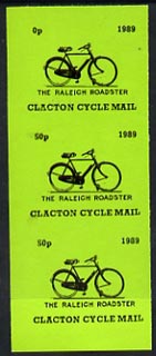 Cinderella - Great Britain 1989 Clacton Cycle Mail 50p imperf gummed label (black on green) showing Raleigh Roadster vert strip of 3, upper label with 5 omitted (0p), stamps on postal, stamps on bicycles
