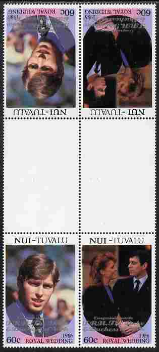 Tuvalu - Nui 1986 Royal Wedding (Andrew & Fergie) 60c with Congratulations opt in silver in unissued perf tete-beche inter-paneau block of 4 (2 se-tenant pairs) unmounted..., stamps on royalty, stamps on andrew, stamps on fergie, stamps on 