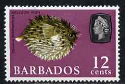 Barbados 1966-69 Porcupine Fish (Balloon Fish) 12c def (wmk sideways) unmounted mint SG 349, stamps on marine life, stamps on fish