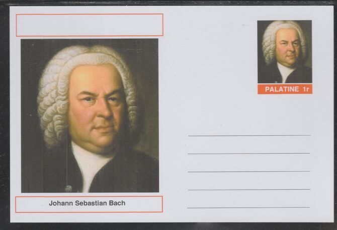 Palatine (Fantasy) Personalities - J S Bach (Composer) postal stationery card unused and fine, stamps on personalities, stamps on bach, stamps on music, stamps on composers, stamps on organ