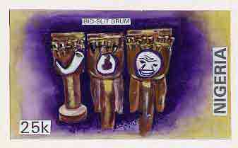 Nigeria 1989 Musical Instruments - original hand-painted artwork for 25k value (Ibid slit drum) by S O Nwasike on card 8.5 x 5 endorsed C5, stamps on music, stamps on musical instruments