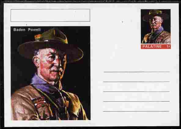 Palatine (Fantasy) Personalities - Baden Powell postal stationery card unused and fine, stamps on personalities, stamps on powell, stamps on scouts, stamps on nobel