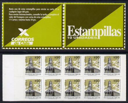 Chile 1993 900p booklet containing pane of 10 x 90p Quehui Church (SG 1513), stamps on churches
