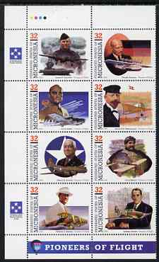 Micronesia 1995 Pioneers of Flight (7th series) perf set of 8 in se-tenant block unmounted mint, SG 453a, stamps on aviation, stamps on personalities, stamps on boeing, stamps on dornier, stamps on bleriot, stamps on camm, stamps on  ww2 , stamps on flying boats