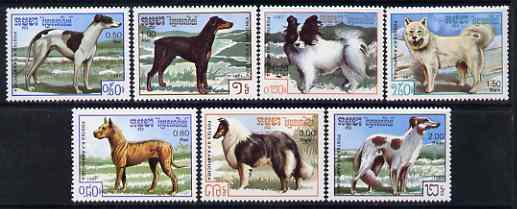 Kampuchea 1987 Dogs perf set of 7 unmounted mint, SG 804-10, stamps on dogs, stamps on greyhounds, stamps on dobermann, stamps on samoyed, stamps on collies, stamps on borzoi, stamps on danes, stamps on 