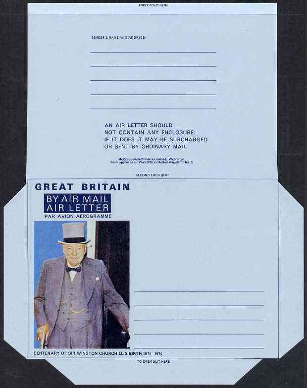 Great Britain 1974 Birth Centenary of Sir Winston Churchill Airletter form inscribed GREAT BRITAIN, folded on fold lines otherwise pristine unmounted mint, stamps on churchill    personalities