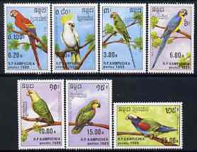 Kampuchea 1989 Parrots perf set of 7 unmounted mint, SG 969-75, stamps on birds, stamps on parrots