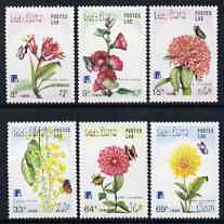 Laos 1988 Finlandia 88 Stamp Exhibition - Flowers perf set of 6 unmounted mint, SG 1078-83, stamps on flowers, stamps on stamp exhibitions