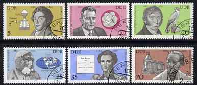 Germany - East 1980 Celebrities Birth Anniversaries perf set of 6 fine cto used, SG E2214-19, stamps on personalities, stamps on explorers, stamps on chemist, stamps on physics, stamps on women, stamps on films, stamps on theatre, stamps on militaria, stamps on falcons