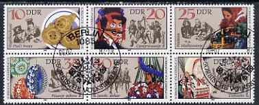 Germany - East 1982 Sorbian Folk Customs set of 6 in se-tenant block cto used, SG E2424a, stamps on customs, stamps on folklore