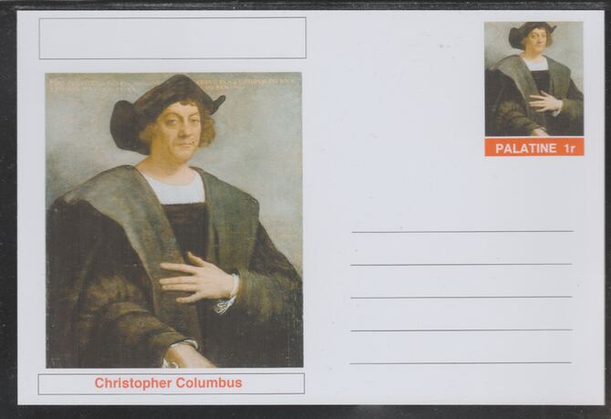 Palatine (Fantasy) Personalities - Christopher Columbus (explorer) postal stationery card unused and fine, stamps on personalities, stamps on columbus, stamps on ships, stamps on explorers, stamps on navigators, stamps on americana