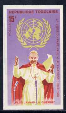 Togo 1966 Pope Paul at  Microphonec 15f from Visit to UN set, imperf from limited printing unmounted mint, as SG 446, stamps on pope, stamps on religion, stamps on microphones, stamps on united nations