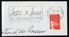 Postmark - France rectangular piece bearing French adhesive with illustrated cancel for Jazz Festival, stamps on music, stamps on jazz