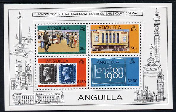 Anguilla 1980 London 1980 m/sheet containing 4 vals P14.5 (SG MS 388B) unmounted mint, stamps on stamp on stamp, stamps on stamp exhibitions     monuments   buildings    civil engineering, stamps on stamponstamp