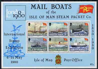 Isle of Man 1980 150th Anniversary of IOM Steam Packet Co m/sheet (London 1980) unmounted mint, SG MS 176, stamps on , stamps on  stamps on stamp exhibitions, stamps on  stamps on ships, stamps on  stamps on eros, stamps on  stamps on statues, stamps on  stamps on paddle steamers