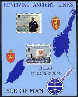 Isle of Man 1980 Visit of King Olav of Norway m/sheet (Norwex 1980) unmounted mint, SG MS 180, stamps on royalty, stamps on stamp exhibitions, stamps on royal visit, stamps on ships, stamps on maps, stamps on arms, stamps on heraldry, stamps on vikings