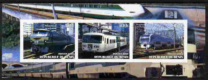 Benin 2003 Modern Electric Trains imperf sheetlet containing 3 values unmounted mint, stamps on railways