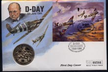 Guernsey 1994 50th Anniversary of D-Day perf m/sheet on illustrated first day cover with special D-Day cancel with commemorative \A32 coin , stamps on , stamps on  ww2 , stamps on churchill, stamps on spitfires, stamps on coins, stamps on aviation, stamps on 
