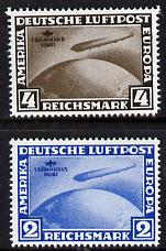 Germany 1930 Zeppelin South American Flight set of 2 reprints stamped 'Privater Nachdruck' on reverse, unmounted mint as SG 456-7 originals cat \A3700, stamps on aviation, stamps on airships, stamps on zeppelins