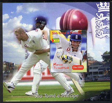 St Thomas & Prince Islands 2004 Cricket - Marcus Trescothick perf souvenir sheet unmounted mint. Note this item is privately produced and is offered purely on its thematic appeal, stamps on , stamps on  stamps on sport, stamps on  stamps on cricket