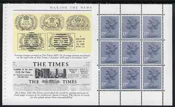 Great Britain 1985 Times Front Page booklet pane (ex Story of the Times Prestige booklet) showing Headlines, Newspaper stamps and pane of 9 x 17p stamps, stamps on newspapers