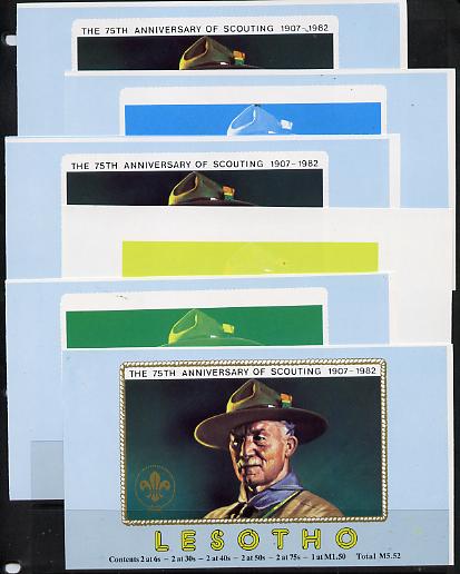 Lesotho 1982 Baden Powell Scout Anniversary booklet x 6 progressive proofs of front cover comprising various individual or combination composites incl completed design (both sides), very scarce, stamps on , stamps on  stamps on personalities  scouts
