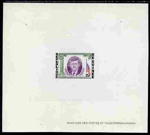 Guinea - Conakry 1964 Kennedy Memorial 25f imperf deluxe sheet in issued colours on sunken glazed card, some minor imperfections, stamps on flags, stamps on personalities, stamps on kennedy, stamps on usa presidents, stamps on americana