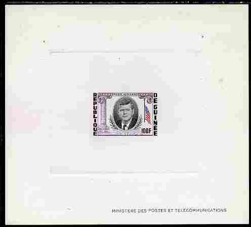 Guinea - Conakry 1964 Kennedy Memorial 100f imperf deluxe sheet in issued colours on sunken glazed card, some minor imperfections, stamps on flags, stamps on personalities, stamps on kennedy, stamps on usa presidents, stamps on americana