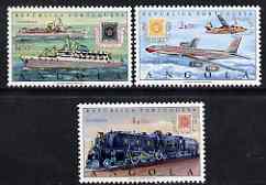 Angola 1970 Stamp Centenary perf set of 3 unmounted mint, SG 696-98, stamps on stamp centenary, stamps on stamp on stamp, stamps on ships, stamps on aviation, stamps on railways, stamps on fokker, stamps on boeing, stamps on stamponstamp
