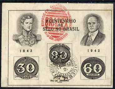 Brazil 1943 Stamp Centenary imperf m/sheet fine used, SG MS 682a, stamps on stamp centenary, stamps on stamp on stamp, stamps on , stamps on stamponstamp