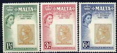 Malta 1960 Stamp Centenary perf set of 3 unmounted mint, SG 301-03, stamps on stamp centenary, stamps on stamp on stamp, stamps on stamponstamp