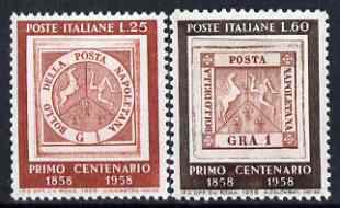 Italy 1958 Naples Stamp Centenary perf set of 2 unmounted mint, SG 975-76, stamps on stamp centenary, stamps on stamp on stamp, stamps on stamponstamp