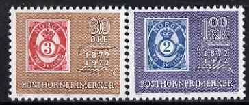 Norway 1972 Centenary of 'Posthorn' Stamp perf set of 2 unmounted mint, SG 1677-78*, stamps on stamp centenary, stamps on stamp on stamp, stamps on posthorns, stamps on stamponstamp