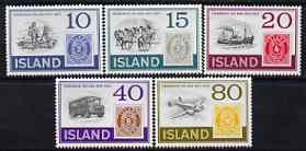 Iceland 1973 Stamp Centenary perf set of 5 unmounted mint, SG 504-508*, stamps on aviation, stamps on trucks, stamps on transport, stamps on stamp centenary, stamps on postman, stamps on ships, stamps on horses, stamps on stamp on stamp, stamps on , stamps on stamponstamp
