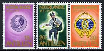 Netherlands Antilles 1973 Stamp Centenary perf set of 3 unmounted mint, SG 569-71, stamps on stamp centenary, stamps on posthorns, stamps on stamp on stamp, stamps on postman, stamps on stamponstamp