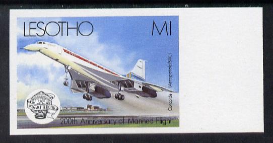 Lesotho 1983 Manned Flight 1m (Concorde) imperf marginal single (SG 548var) blocks or pairs available price pro rata, stamps on aviation, stamps on concorde