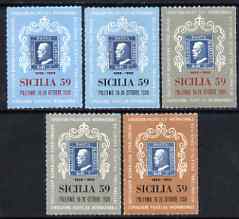 Cinderella - Italy 1959 Sicilia '59 Stamp Centenary Exhibition set of 5 rouletted labels  (Stamp on Stamp) unmounted mint*, stamps on stamp centenary, stamps on stamp on stamp, stamps on stamp exhibitions, stamps on stamponstamp
