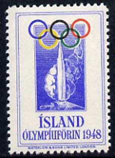 Cinderella - Iceland 1948 Olympic Games perforated label unmounted mint produced by Waterlow & Sons, stamps on olympics