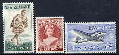 New Zealand 1955 Stamp Centenary perf set of 3 unmounted mint, SG 739-41*, stamps on postman, stamps on douglas, stamps on dc, stamps on stamp centenary, stamps on aviation, stamps on stamp on stamp, stamps on , stamps on stamponstamp