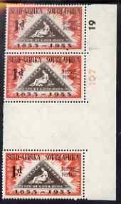 South Africa 1953 Stamp Centenary 1d gutter strip of 3, one stamp with 'dot between 5 and 3' and one with 'flaw on 5' unmounted mint, SG 144var, stamps on stamp centenary, stamps on stamp on stamp, stamps on triangulars, stamps on stamponstamp